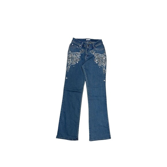 NOWT Cache Denim Jeans Embellished Silver Y2K Vtg Retro Flare Bootcut Sz 4 Small - Picture 1 of 13